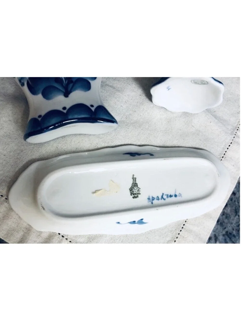Vtg Gzhel Napkin Holders 2 & Small Tray Set